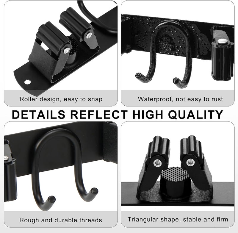 GUUKAR Mop Broom Holder Wall Mount, Black Stainless Steel Tool Storage Organizer for Kitchen Garden Garage Laundry Room Bathroom and RV with 4 Slots 6 Hooks - Image 5